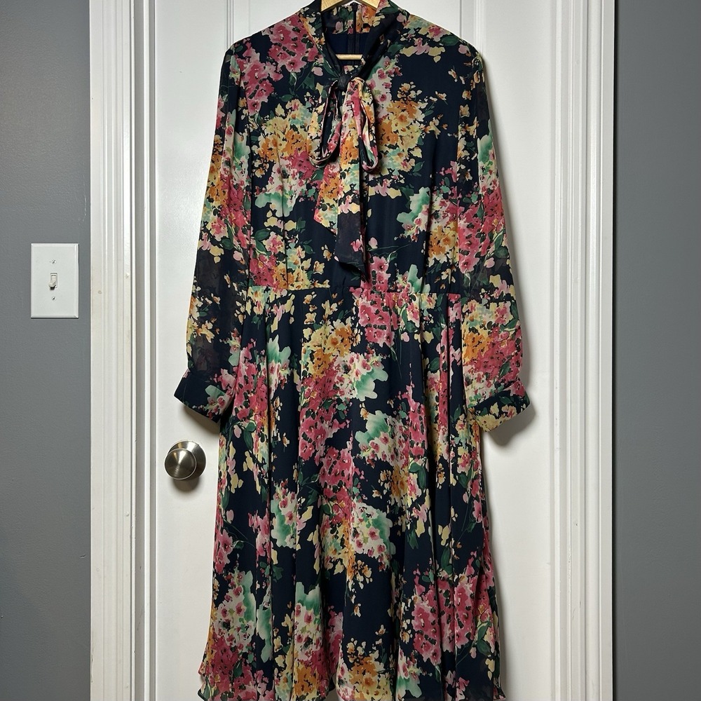 Jay Godfrey Watercolor Floral Print Jill Neck Tie Long Sleeve Swing Midi Dress